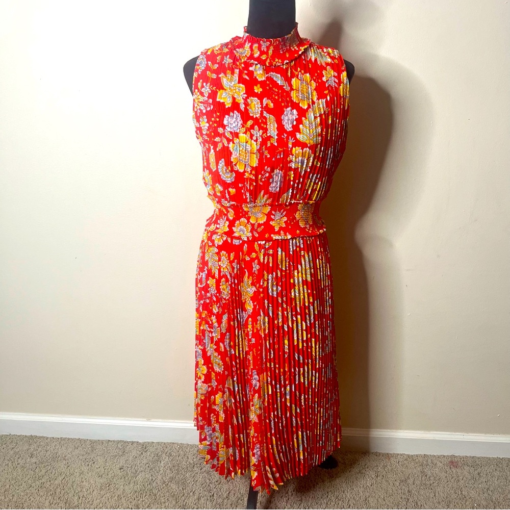 Nanette Lapore Saffron Sun Red Floral Pleated Smocked Mock Neck Midi Dress Sz 12
